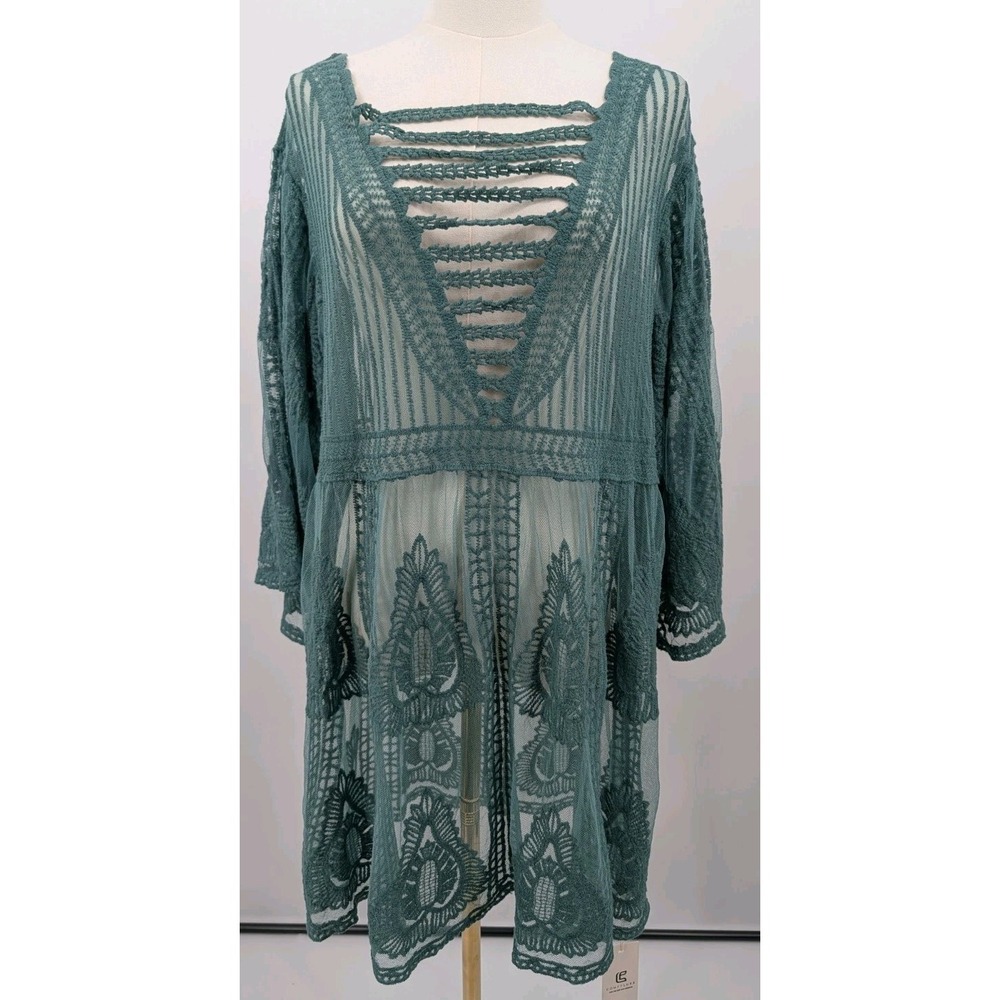 New Comfyluxe Embroidered Crotchet Lace Swim Cover Up Tunic Dress OSFA Green